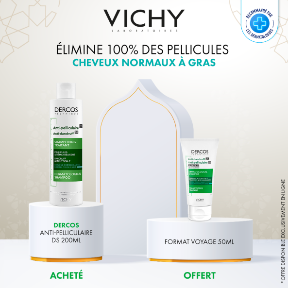 VICHY DERCOS SHAMPOING ANTI PELLICULE CHEVEUX NORMAUX GRAS 200ML + SHAMPOING 50ML PACK